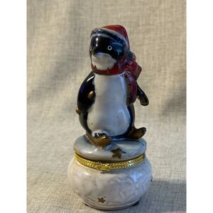 Porcelain Skiing Penguin Hinged Trinket Box Gold Accent, Like New, 5 inches Tall